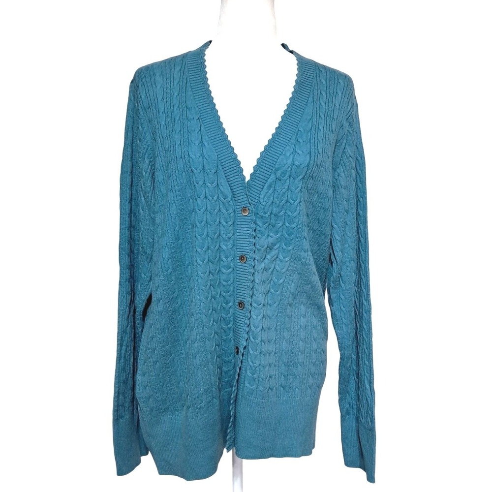 Eddie Bauer Cardigan Women XXL Azure Blue New Cable Knit Scalloped V-Neck Button